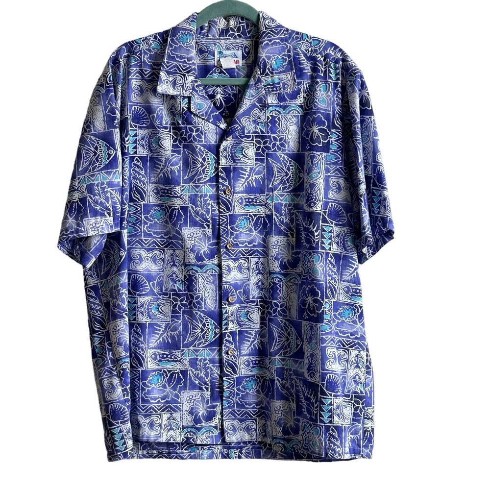 Vintage Hawaii Shirt Floral Short Sleeve‎ Collar Periwinkle Men XL Made Hawaii